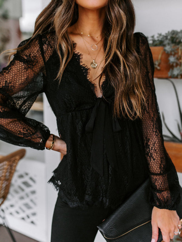 New Lace Embroidery Stitching Lace Bow Tie Long Sleeve Top - Black / S