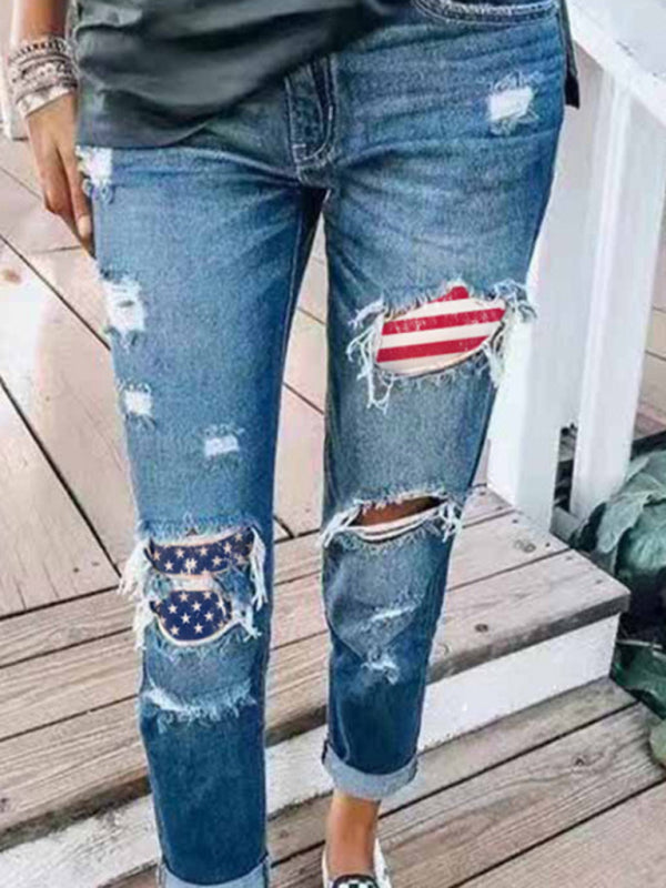 New Ladies Jeans Ripped American Flag Print Trousers - Blue / S