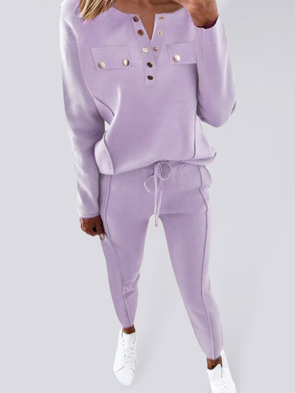 New Ladies Round Neck Button Decoration Casual Suit - Pink / S