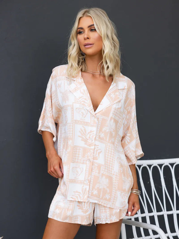 New Lapel Casual Multi-Color Loose Vacation Elastic Waist Shorts Short Sleeve Suit - Coffee / S