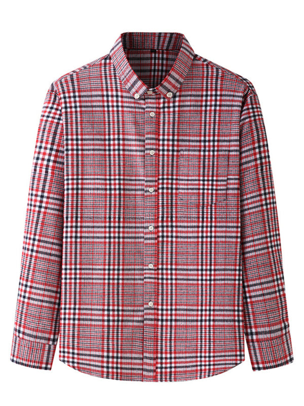 New Large Size Men’s Brushed Long Sleeve Shirt Casual Plaid Long Sleeve Shirt - Dark Red / L