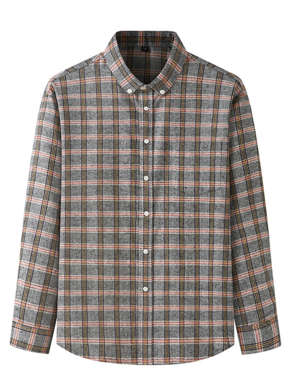 New Large Size Men’s Brushed Long Sleeve Shirt Casual Plaid Long Sleeve Shirt - Khaki / L
