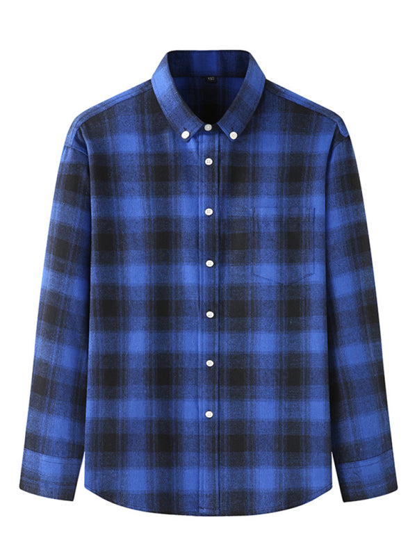 New Large Size Men’s Brushed Long Sleeve Shirt Casual Plaid Long Sleeve Shirt - Pattern2 / L