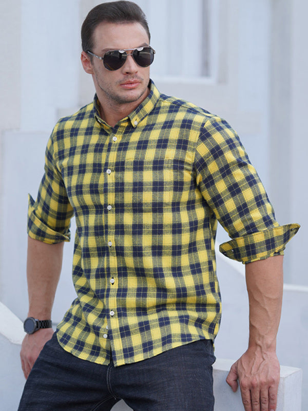 New Large Size Men’s Brushed Long Sleeve Shirt Casual Plaid Long Sleeve Shirt - Yellow / L