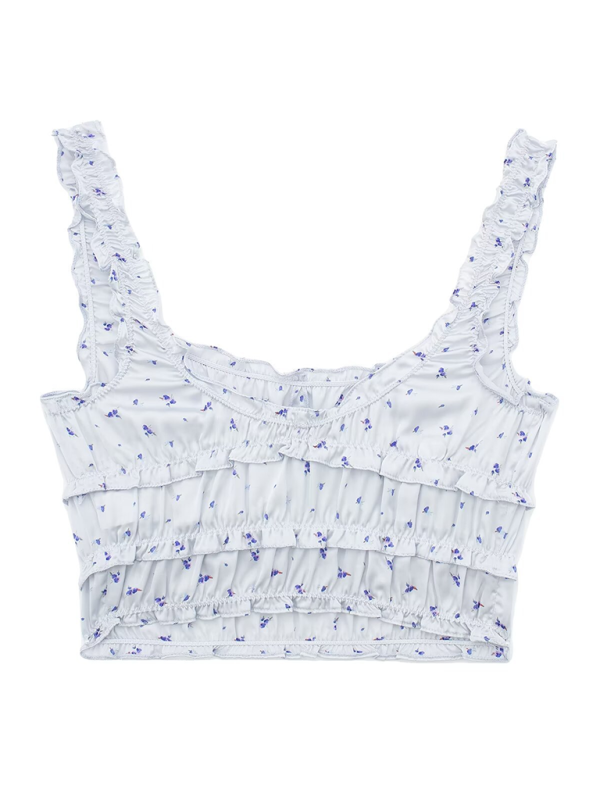 New layered decorative flower print top/flower print skirt - Top / XS