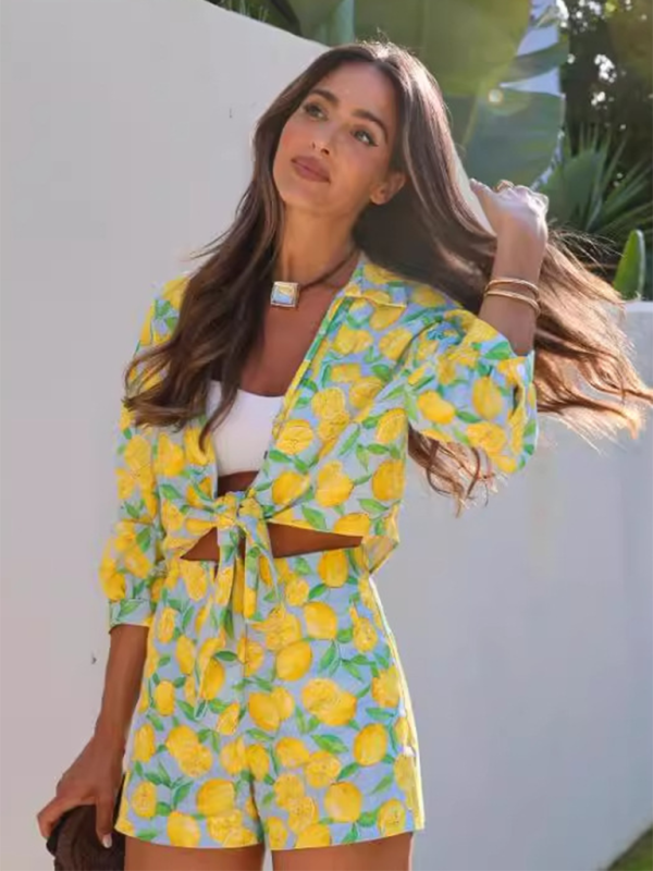 New leisure holiday lemon print shorts suit - Yellow / S