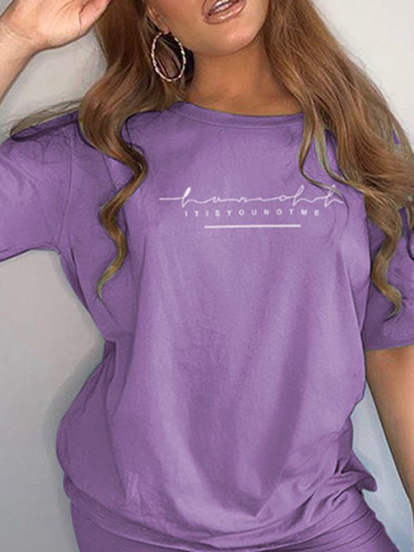 New letter printing fashion loose thin T-shirt casual sports two-piece suit - Purple / XS