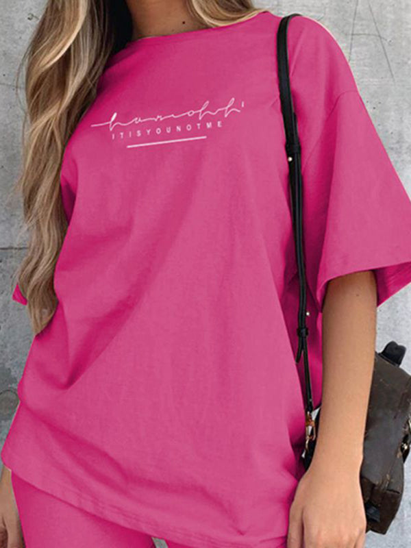 New letter printing fashion loose thin T-shirt casual sports two-piece suit - Rose / XS
