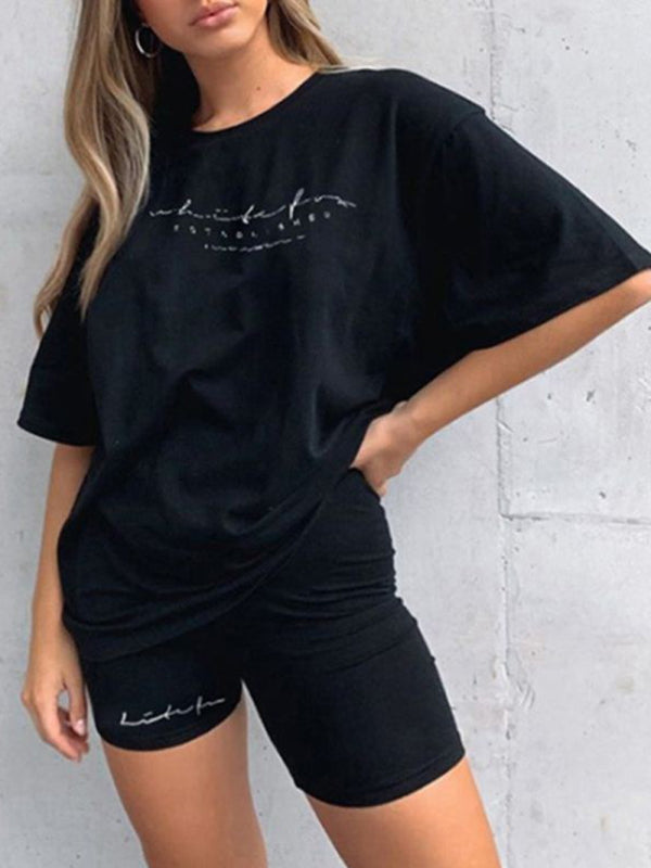 New letter printing fashion loose thin T-shirt casual sports two-piece suit - Black / XS