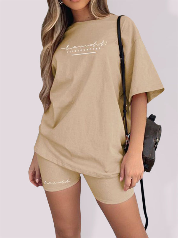 New letter printing fashion loose thin T-shirt casual sports two-piece suit - Cracker khaki / XS