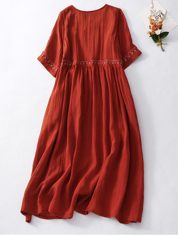 New literary retro casual loose embroidered long dress with large hem - Red / M