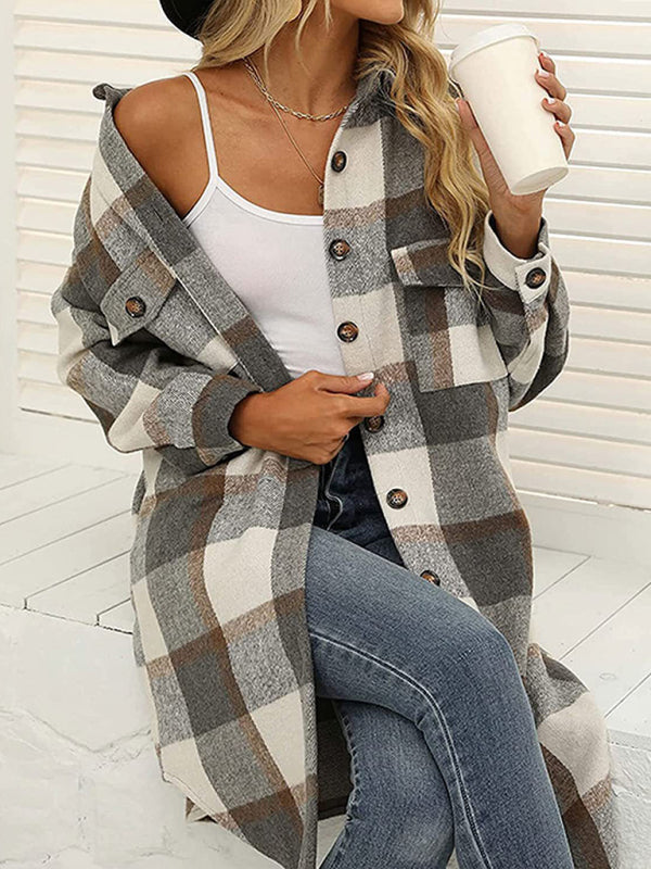 New long plaid lapel buttoned wool casual windbreaker jacket - Grey / S