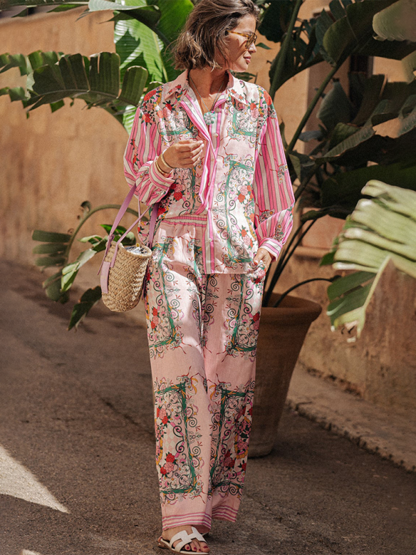 New long-sleeved casual vacation loose printed pocket two-piece suit - Pink / S