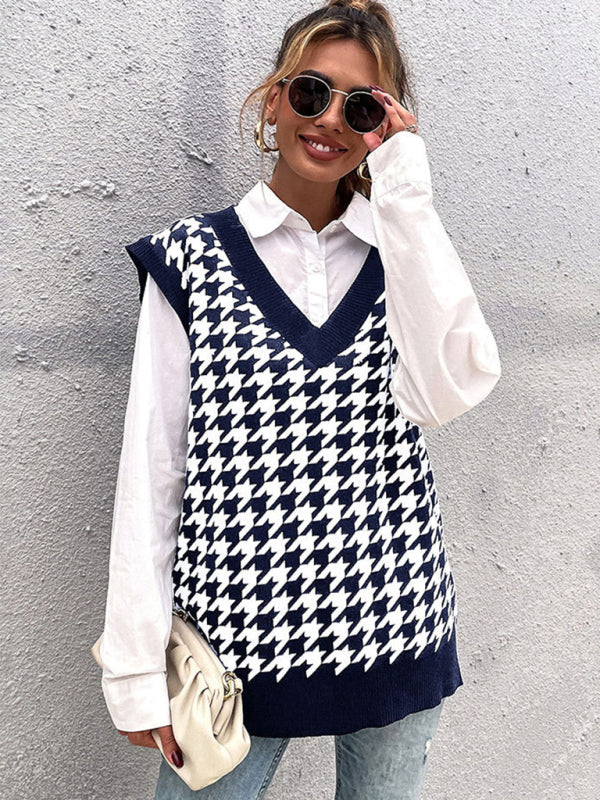 New loose houndstooth v-neck knitted vest