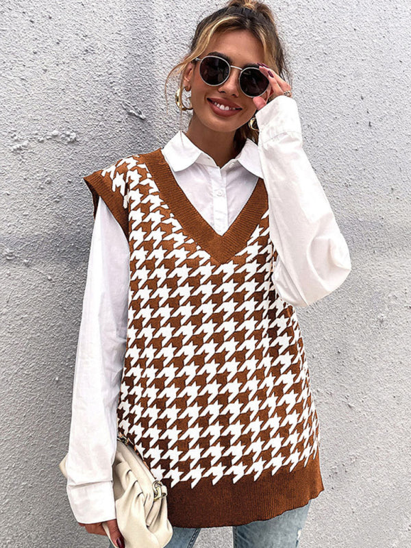 New loose houndstooth v-neck knitted vest
