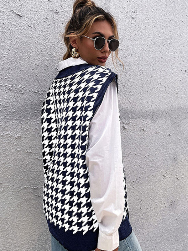 New loose houndstooth v-neck knitted vest