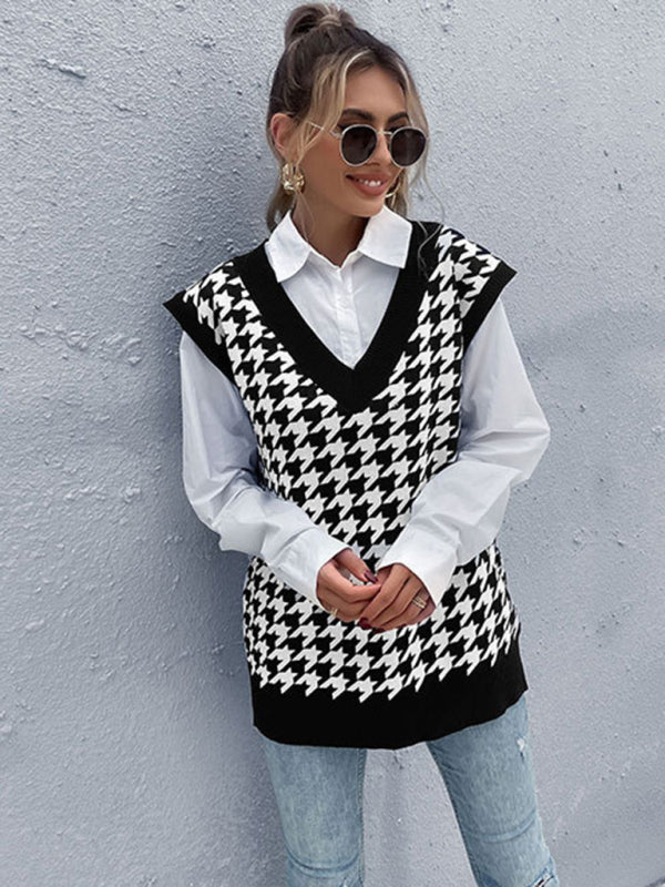 New loose houndstooth v-neck knitted vest