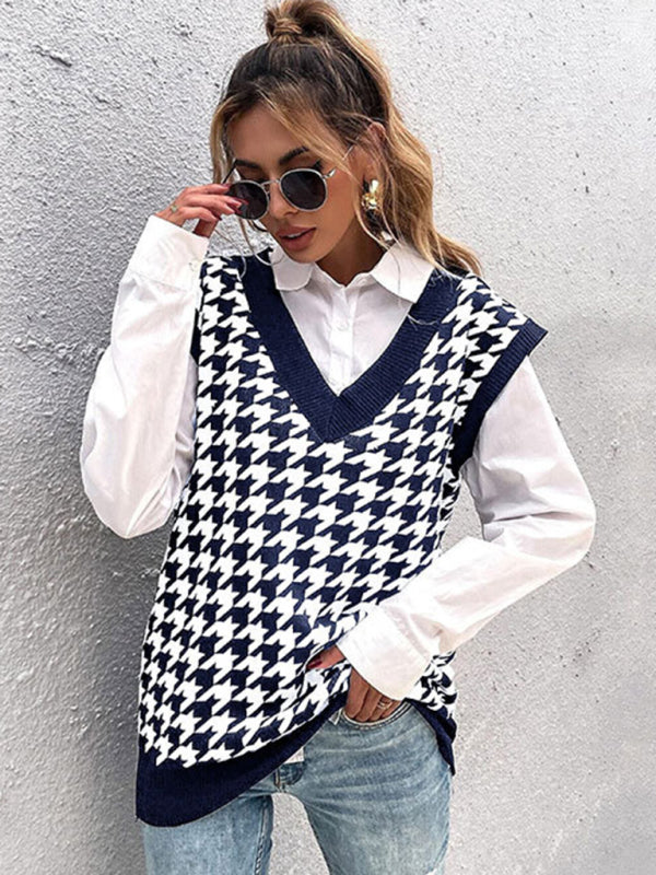New loose houndstooth v-neck knitted vest