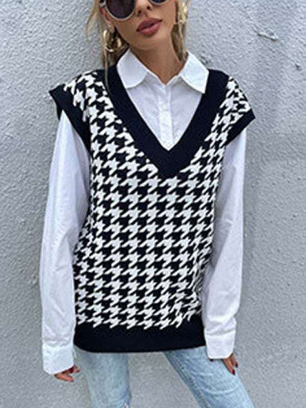 New loose houndstooth v-neck knitted vest - Black / S