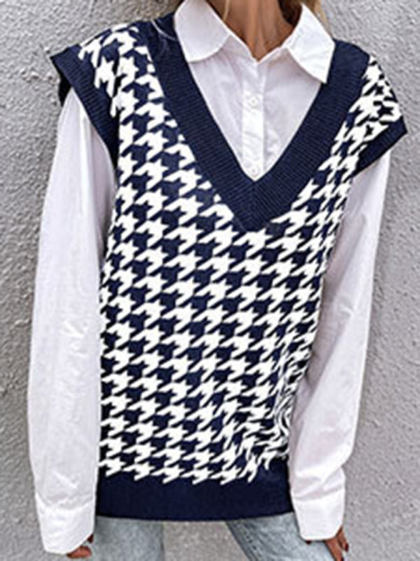 New loose houndstooth v-neck knitted vest - Champlain color / S