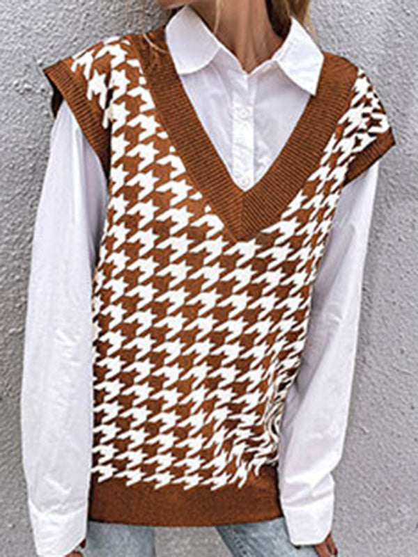New loose houndstooth v-neck knitted vest - Coffee / S