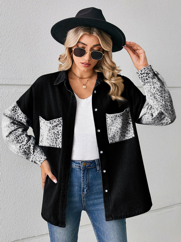 New loose leopard print patchwork denim shirt long sleeve top cardigan - Black / S