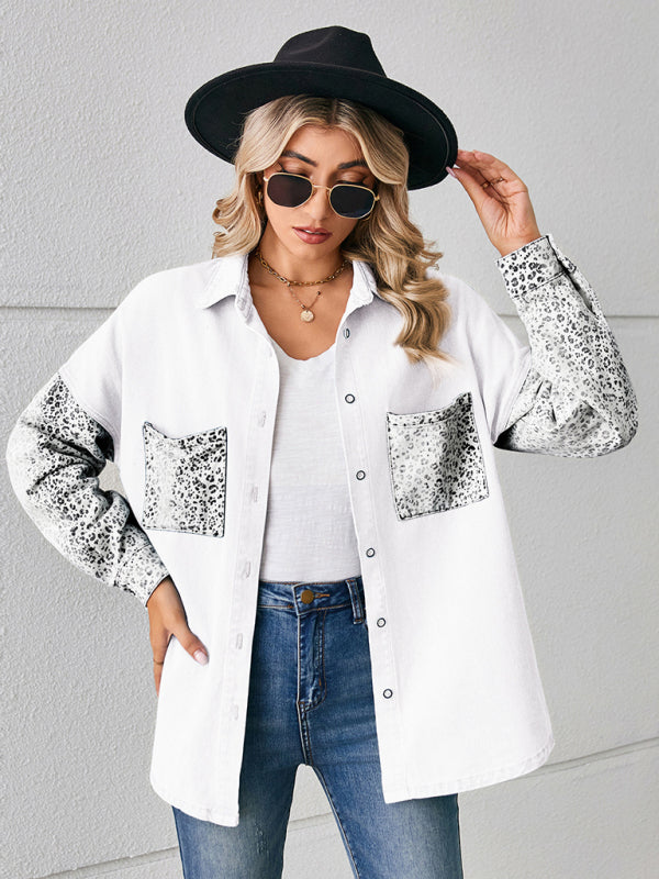 New loose leopard print patchwork denim shirt long sleeve top cardigan - White / S