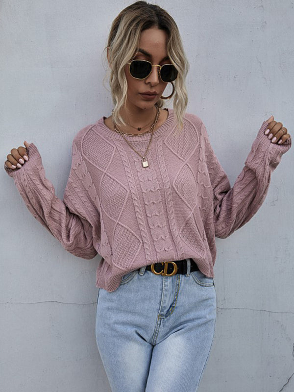 New loose long sleeve thin twist solid color sweater - Pink / S