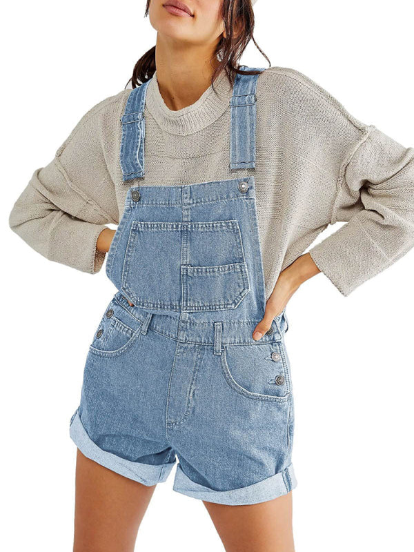 New loose multi-pocket overalls jeans - Clear blue / S