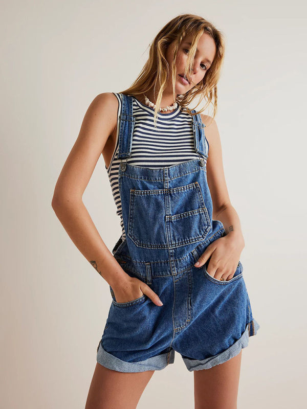 New loose multi-pocket overalls jeans - Purplish blue navy / S