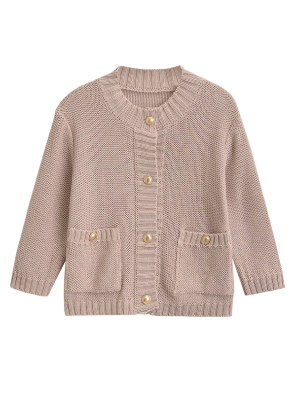 New loose round neck long sleeve single breasted knitted cardigan - Khaki / XS