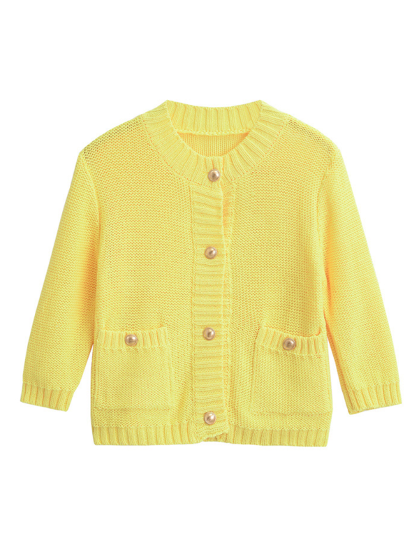 New loose round neck long sleeve single breasted knitted cardigan - Yellow / XS