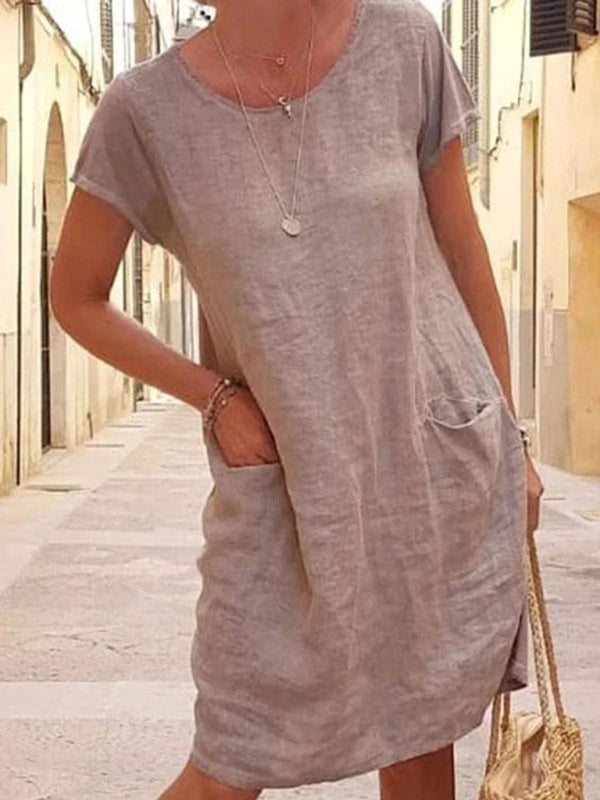New Loose Solid Color Pocket Short Sleeve Round Neck Cotton Linen Dress - Khaki / S