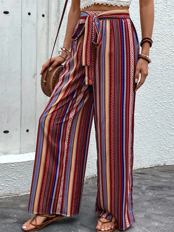 New loose striped high waist elastic wide leg pants - Wine Red / S