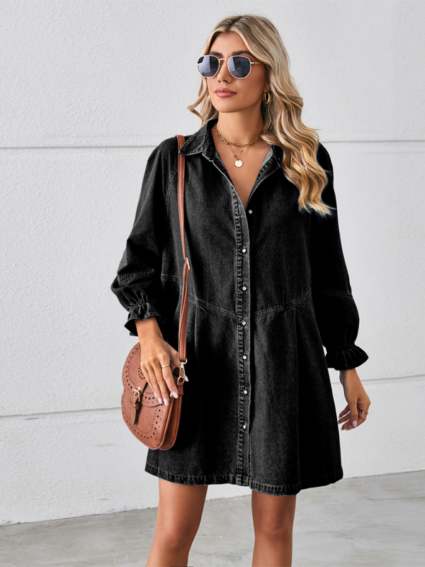 New Loose Washed Long Sleeve Spliced Denim Dress - Black / S