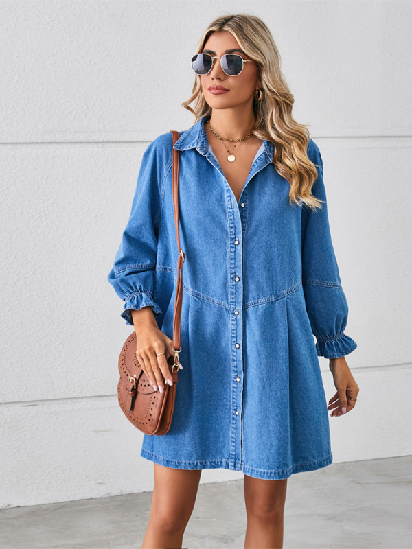 New Loose Washed Long Sleeve Spliced Denim Dress - Clear blue / S