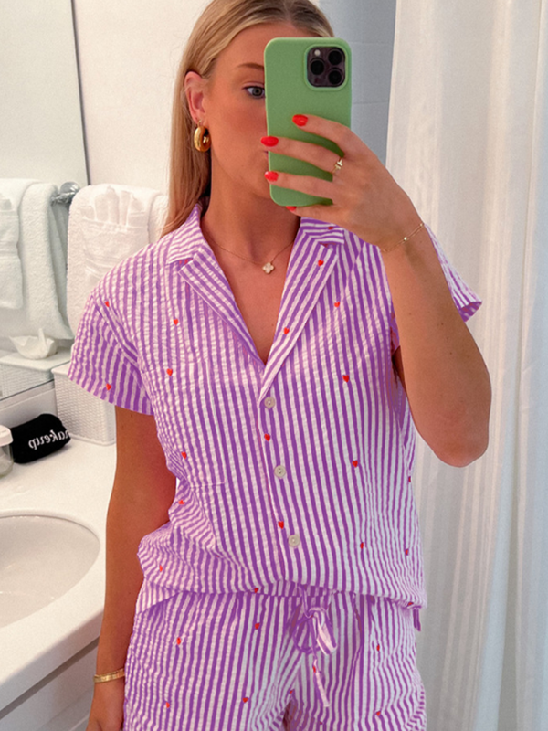 New love striped home wear casual suit (can be worn outside) - Pink / S