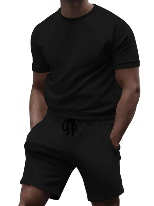 New men’s casual fashion solid color short-sleeved T-shirt + quarter pants sports suit - Black / M