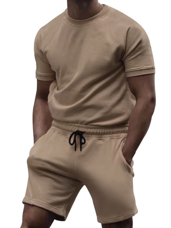 New men’s casual fashion solid color short-sleeved T-shirt + quarter pants sports suit - Khaki / M