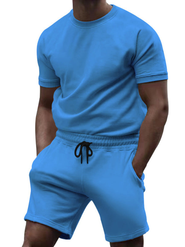 New men’s casual fashion solid color short-sleeved T-shirt + quarter pants sports suit - Clear blue / M