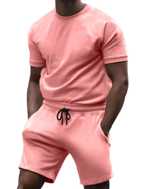 New men’s casual fashion solid color short-sleeved T-shirt + quarter pants sports suit - Pink / M