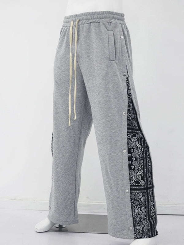 New men’s high street multi-line hip-hop breasted sports cashew flower wide-leg casual trousers - Grey / S