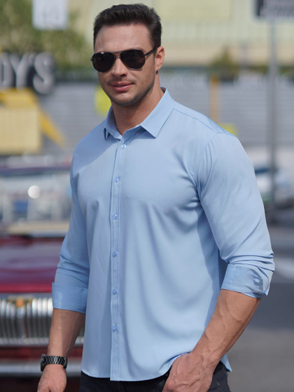 New Men’s Solid Color Stretch Long Sleeve Business Casual Thin Shirt - Clear blue / L