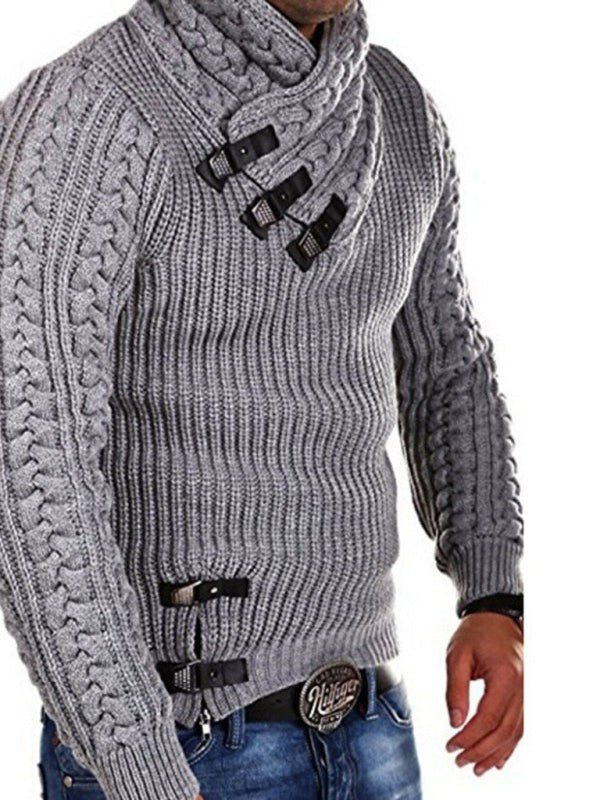 New men’s sweater long sleeve leather button sweater top pullover sweater - Misty grey / S