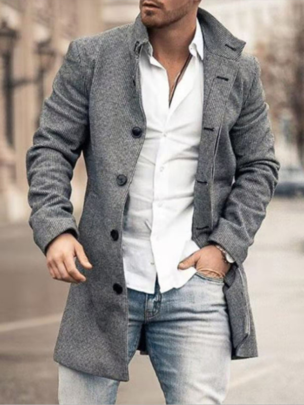 New men’s woolen stand collar mid-length pocket casual coat