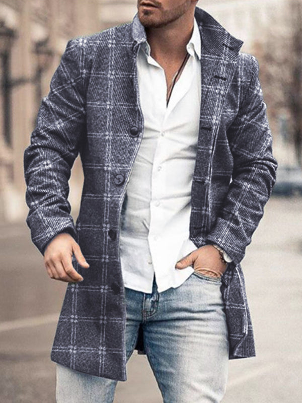 New men’s woolen stand collar mid-length pocket casual coat - Charcoal grey / M