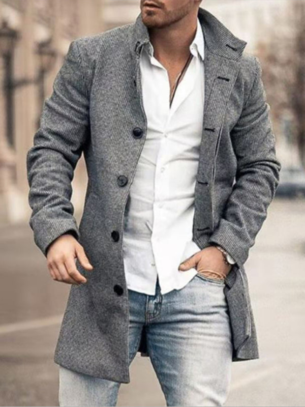 New men’s woolen stand collar mid-length pocket casual coat - Grey / M