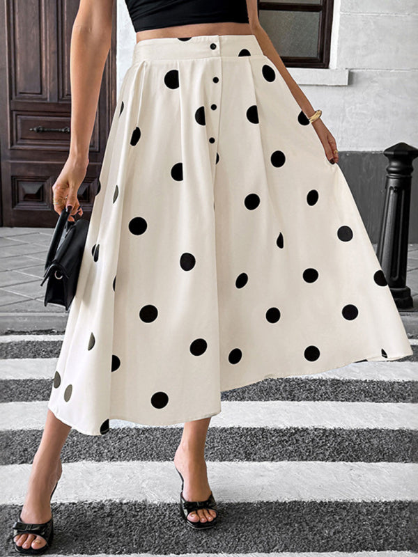 Elegant white polka dot midi skirt with elastic waist in a retro A-line design