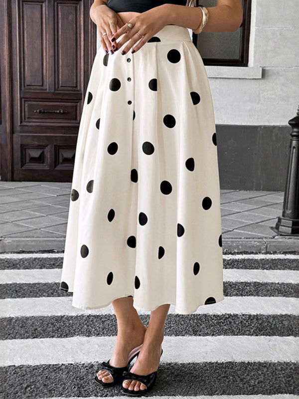 Elegant white polka dot midi skirt with elastic waistband, A-line retro style
