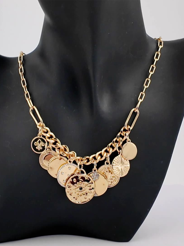 New mystical coin-set diamond relief small pendant bib necklace